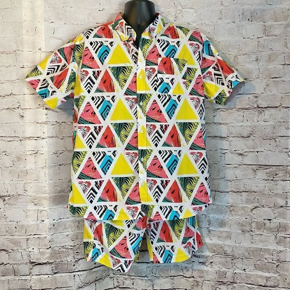 Massive Tropical Watermelon Set XL Button Down Elastic Short Triangle Print L - Picture 1 of 10